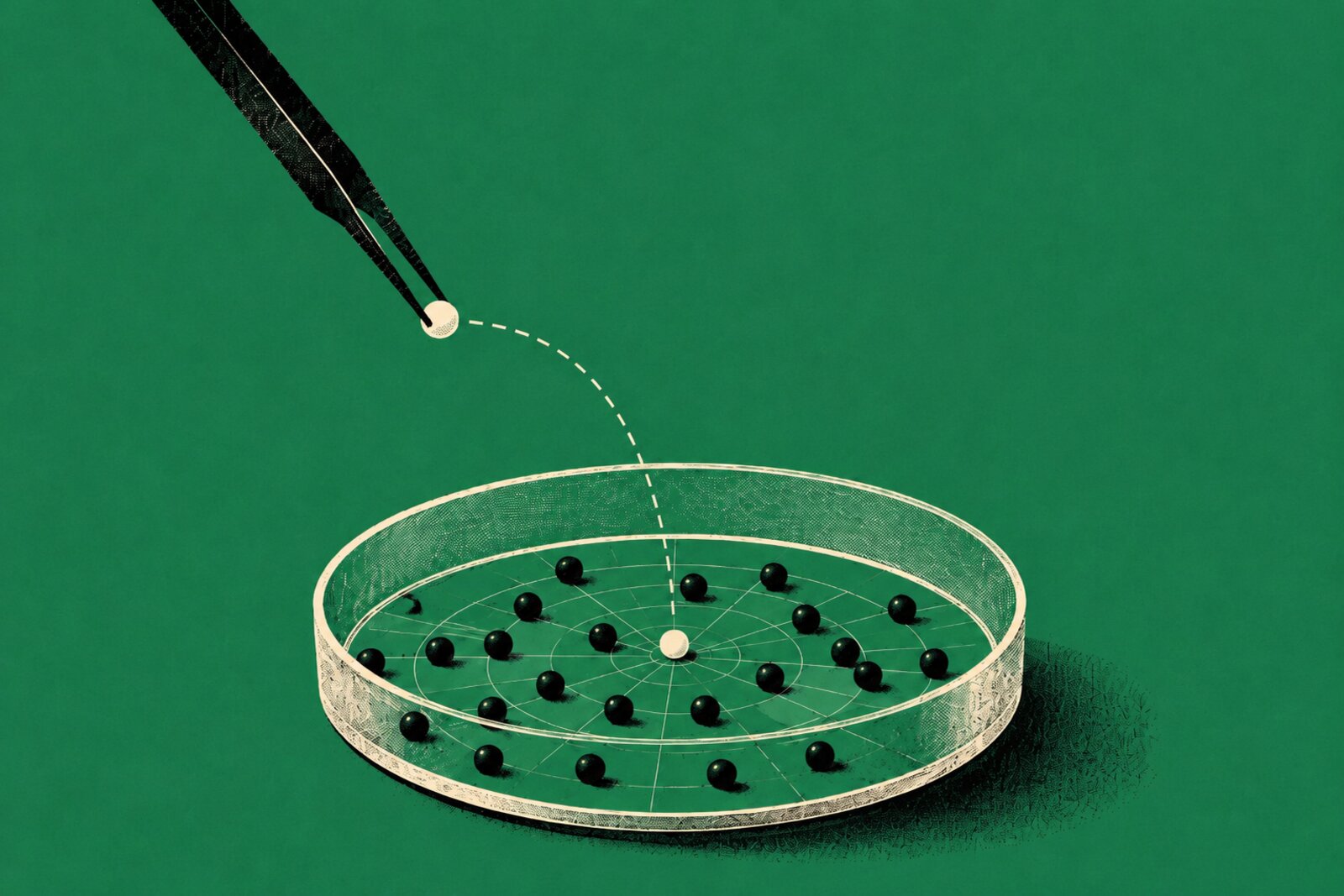 A pipette drops a white marble into a petri dish of dark marbles beside a dotted probability curve peaking at 50%