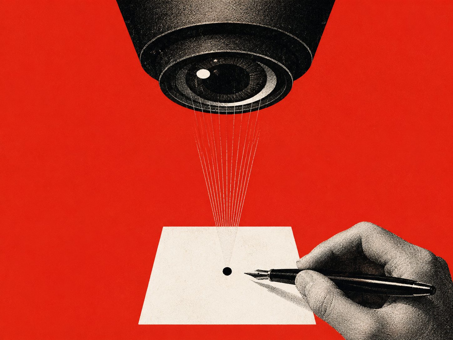 Illustration: a camera lens scanning a blank page while a hand writes the first mark with a fountain pen