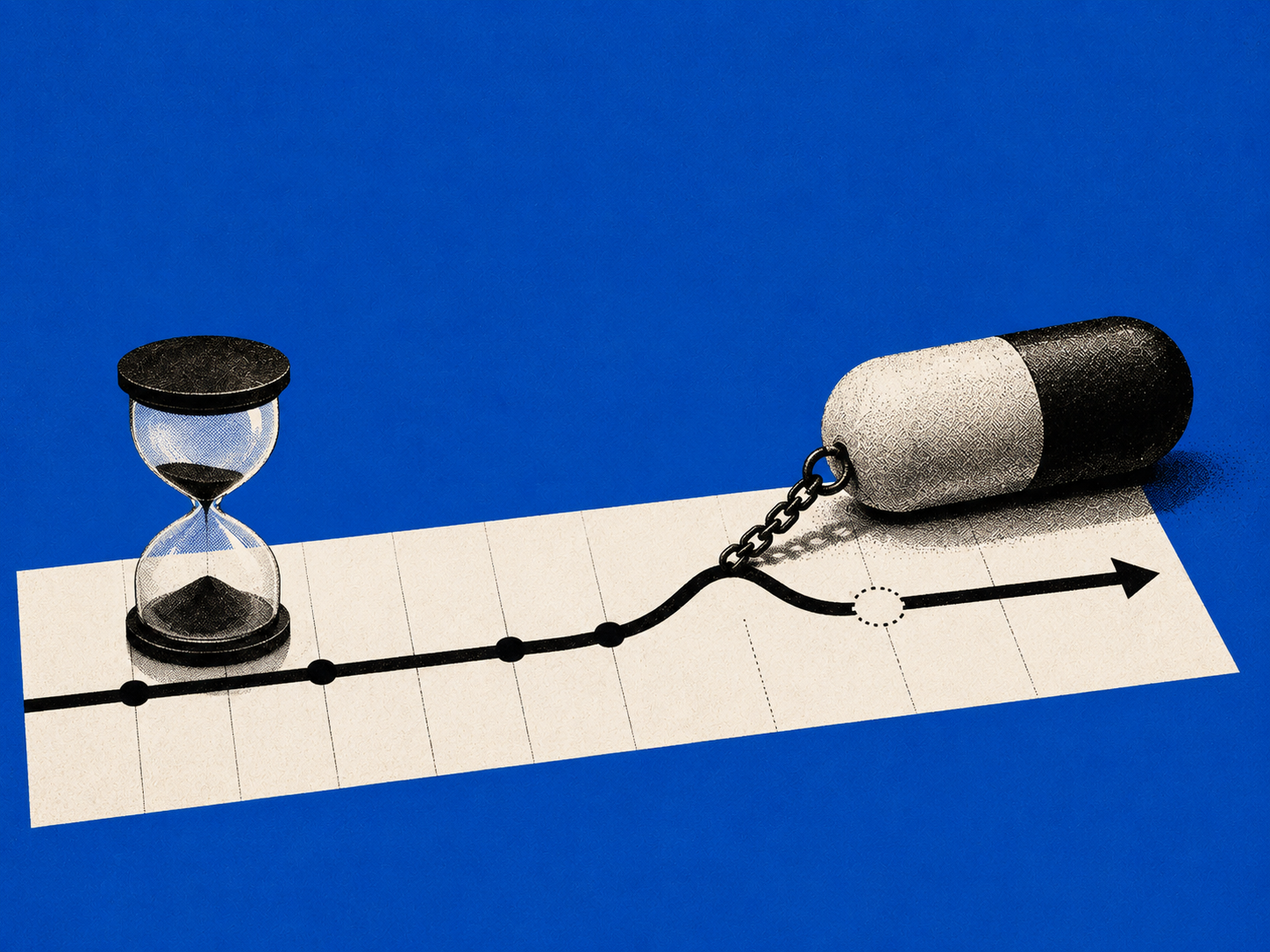 An hourglass tethered by a chain to a pill capsule at the end of a timeline, illustrating how clinical trial readouts drift past their promised dates.